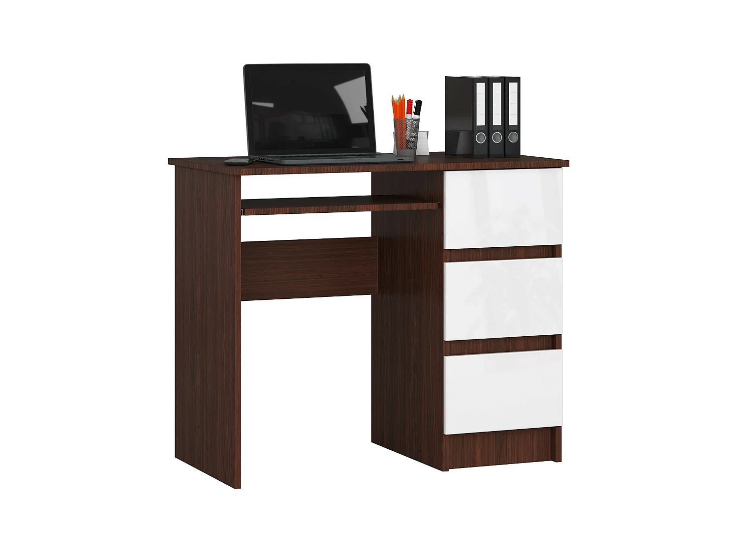 Bureau d'ordinateur AKORD droit A6 Wengé 90 cm 3 tiroirs façade Blanche 1 étagère 90x50x77 cm
