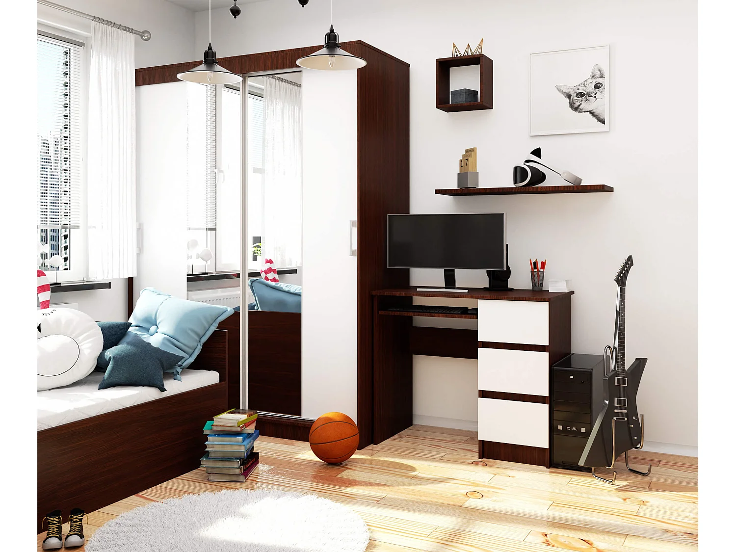 Bureau A-6 Wenge-Wit Rechtszijdig met Uitschuifbare Toetsenbordplank - Compacte en Functionele Werkplekoplossing - Stijlvol en Ruimtebesparend voor Thuis of Kantoor