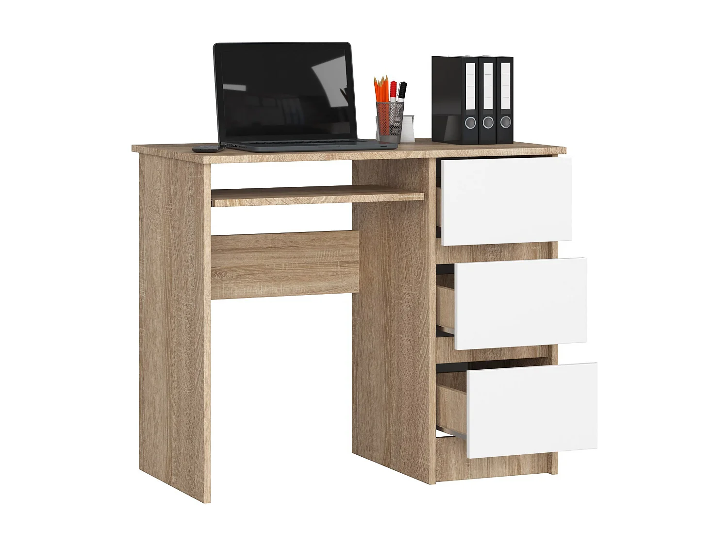 Bureau d'ordinateur AKORD droit A6 Chêne Sonoma 90 cm 3 tiroirs façade Blanche 1 étagère 90x50x77 cm