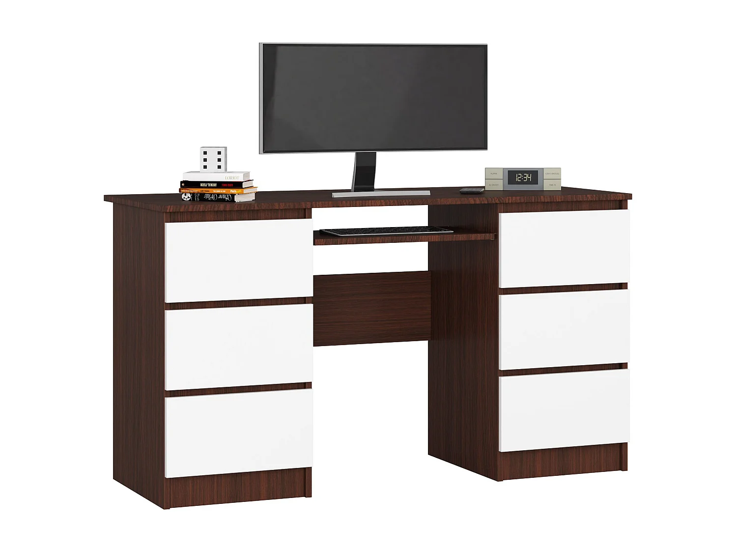 PC-Schreibtisch AKORD A11 in der Farbe Wenge mit 6 Schubladen Front Weiß B135 x H77 x T50 cm