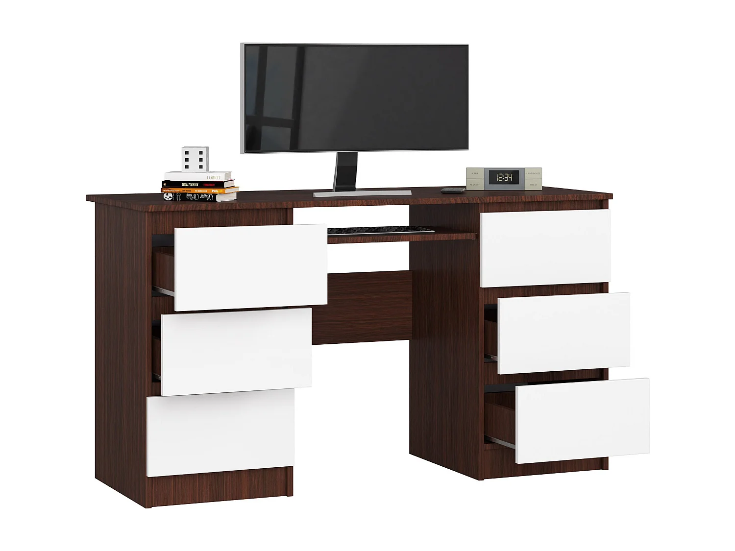 PC-Schreibtisch AKORD A11 in der Farbe Wenge mit 6 Schubladen Front Weiß B135 x H77 x T50 cm