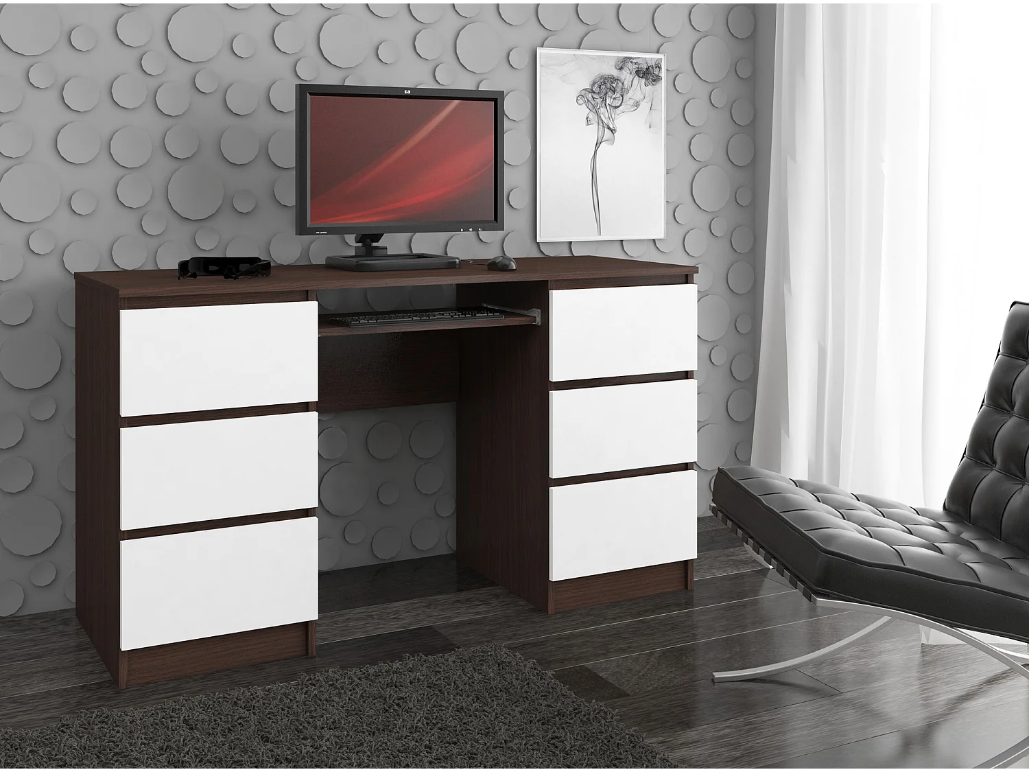 PC-Schreibtisch AKORD A11 in der Farbe Wenge mit 6 Schubladen Front Weiß B135 x H77 x T50 cm