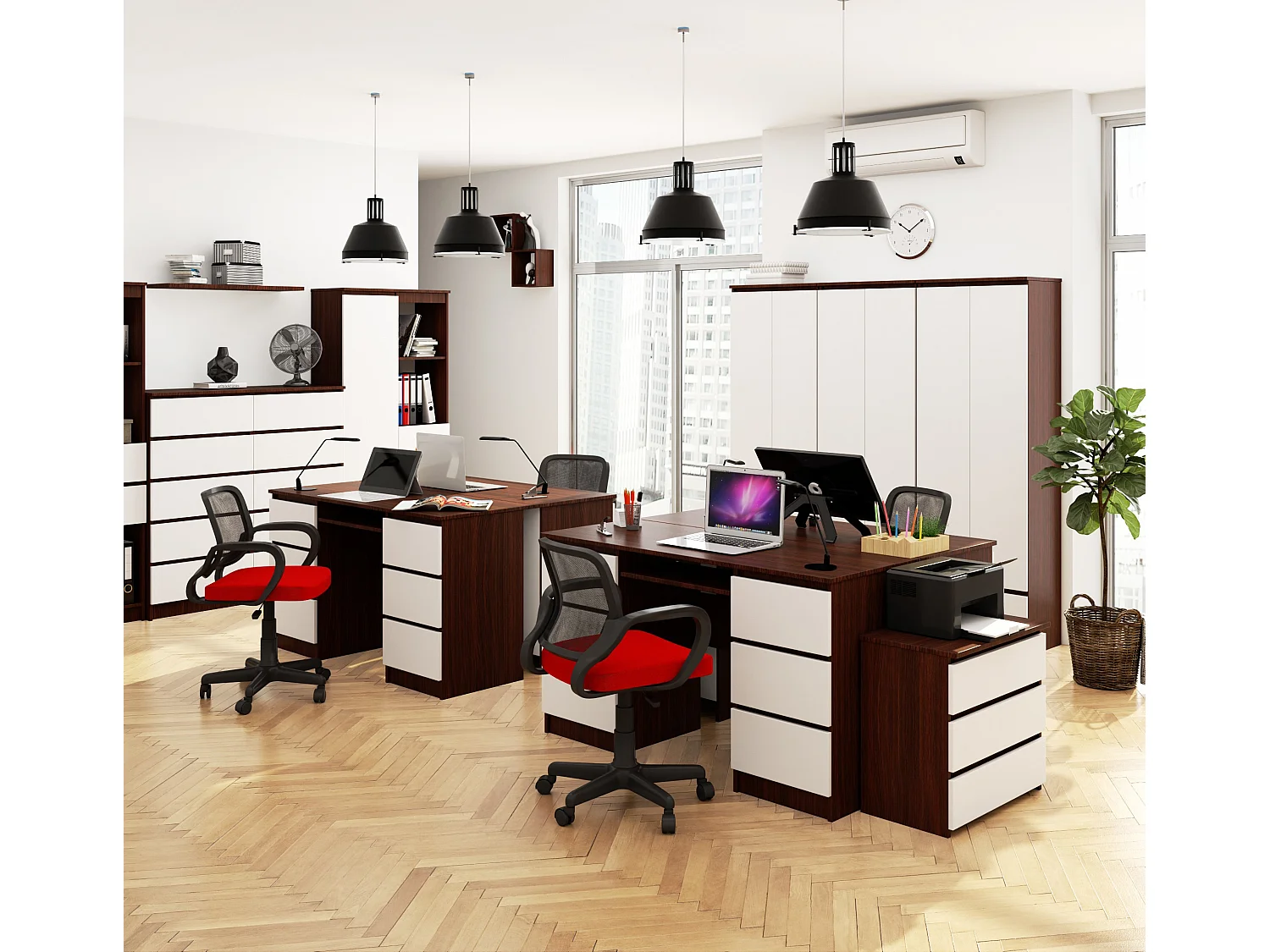 PC-Schreibtisch AKORD A11 in der Farbe Wenge mit 6 Schubladen Front Weiß B135 x H77 x T50 cm