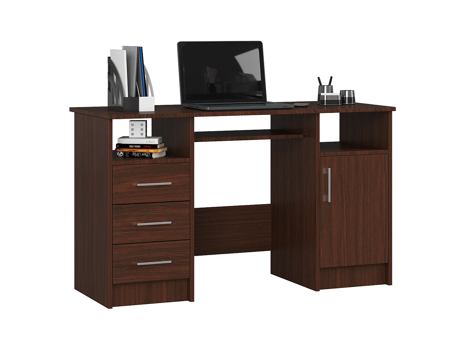Bureau d'ordinateur AKORD ANA Wengé 124 cm 1 porte 3 tiroirs façade Wengé 5 étagères 124x52x74 cm