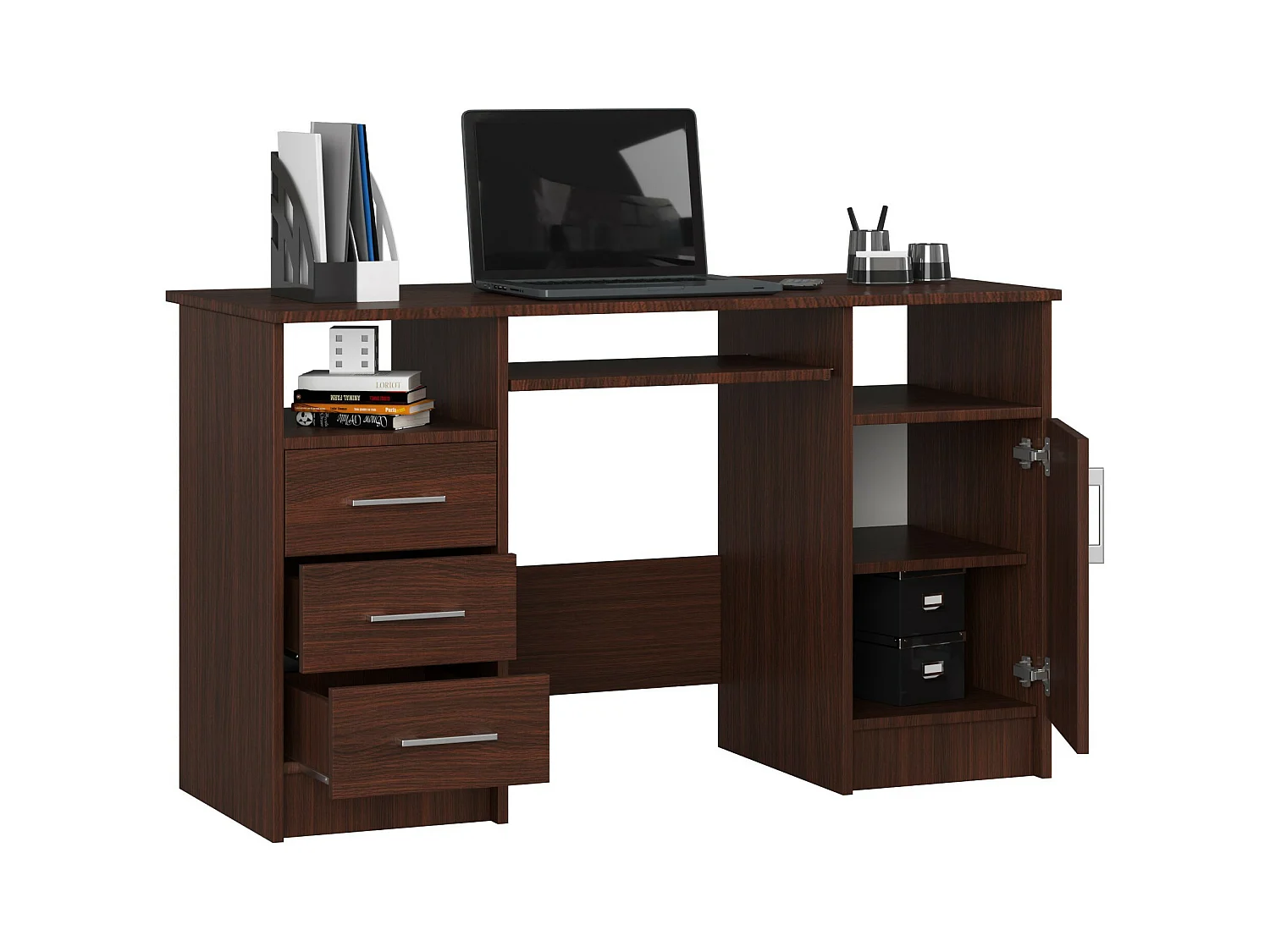 Bureau d'ordinateur AKORD ANA Wengé 124 cm 1 porte 3 tiroirs façade Wengé 5 étagères 124x52x74 cm