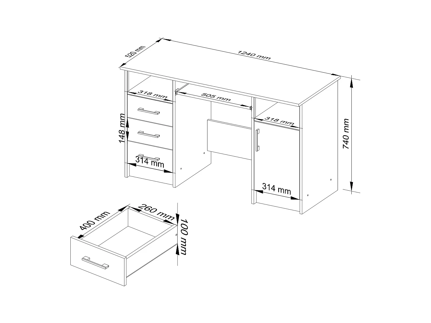 Bureau d'ordinateur AKORD ANA Wengé 124 cm 1 porte 3 tiroirs façade Wengé 5 étagères 124x52x74 cm