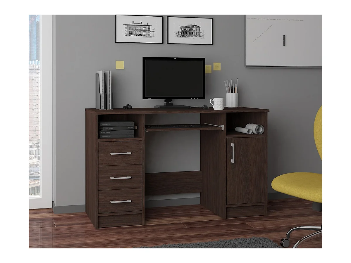 Bureau d'ordinateur AKORD ANA Wengé 124 cm 1 porte 3 tiroirs façade Wengé 5 étagères 124x52x74 cm