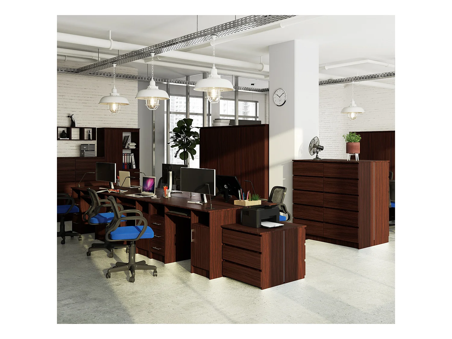 Bureau d'ordinateur AKORD ANA Wengé 124 cm 1 porte 3 tiroirs façade Wengé 5 étagères 124x52x74 cm