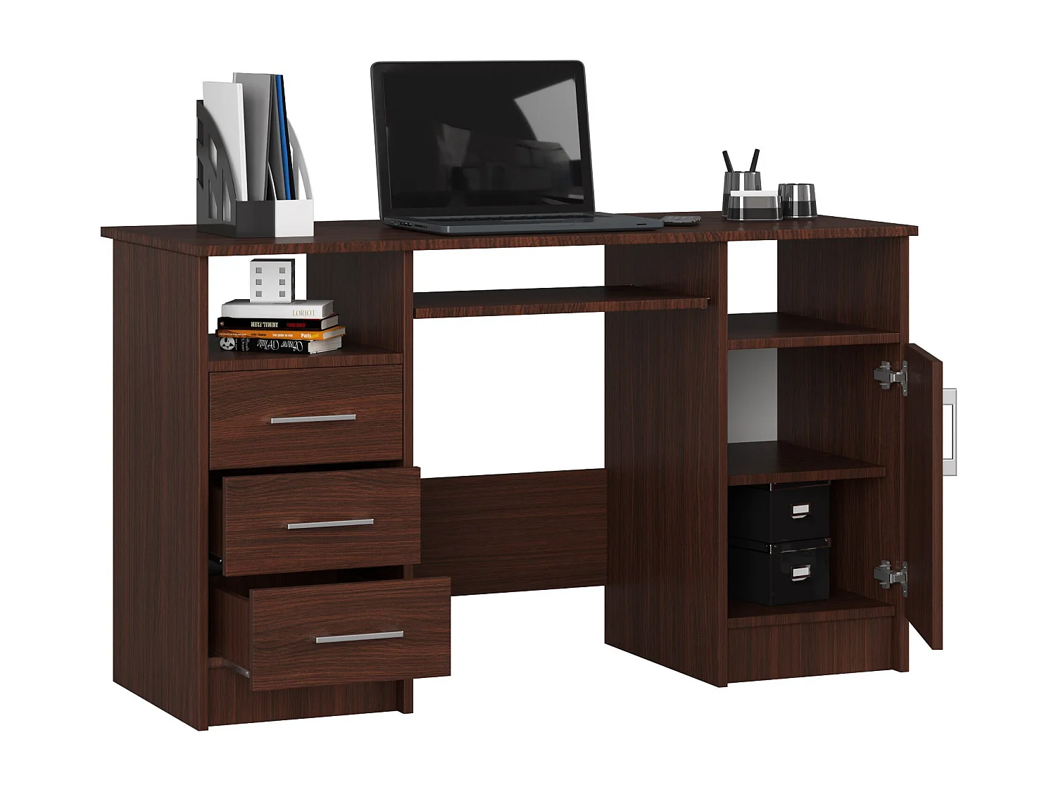 Bureau d'ordinateur AKORD ANA Wengé 124 cm 1 porte 3 tiroirs façade Wengé 5 étagères 124x52x74 cm