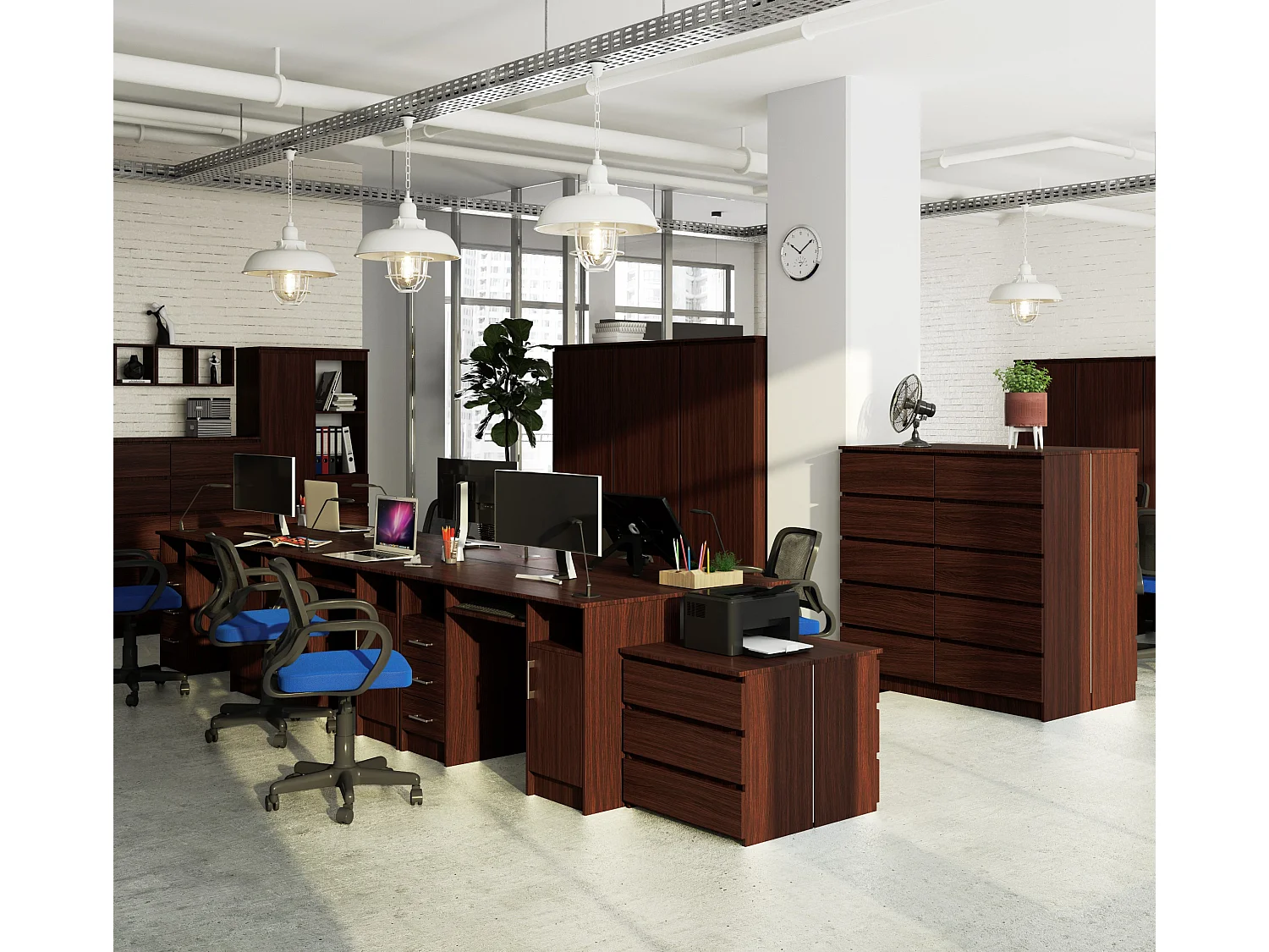 Bureau d'ordinateur AKORD ANA Wengé 124 cm 1 porte 3 tiroirs façade Wengé 5 étagères 124x52x74 cm