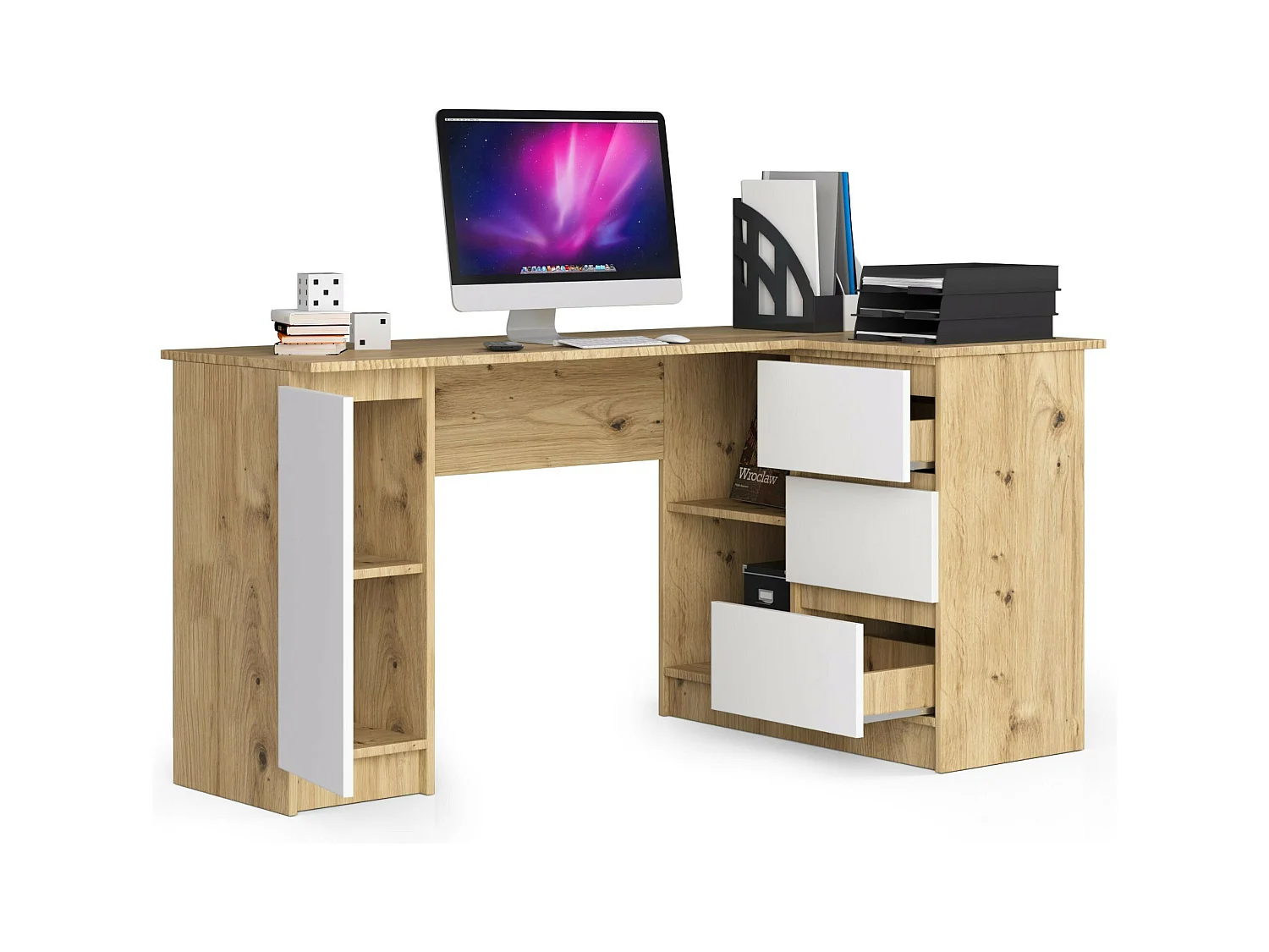 Hoekbureau B20 155 cm Rechts - Artisan Eik/Wit - 3 Lades & 1 Deur