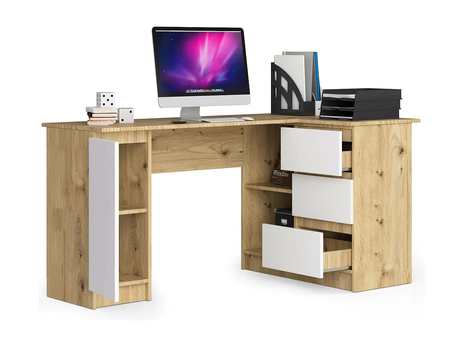 Escritorio esquinero AKORD B20 Roble Artisan 155 cm con lado derecho 1 puerta 3 cajones frente en color Blanco 4 estantes 155x85x77 cm