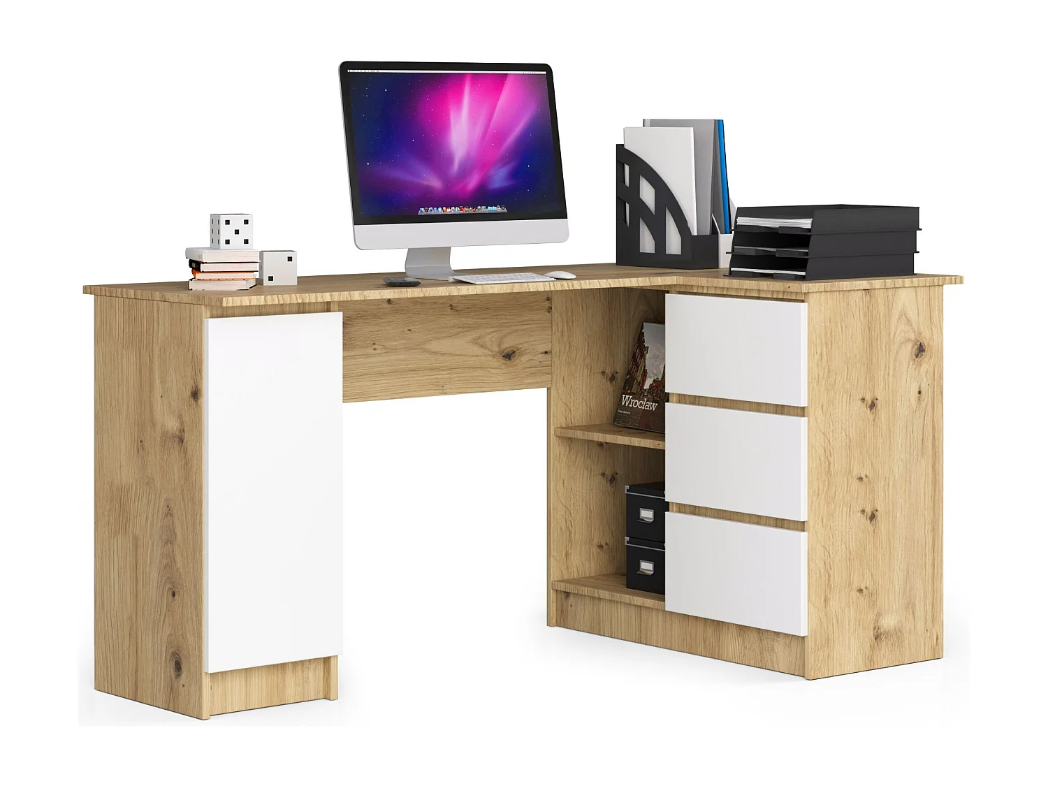 Grand bureau d'angle AKORD droit B20 Chêne Artisan 155 cm 1 porte 3 tiroirs façade Blanche 4 étagères 155x85x77 cm