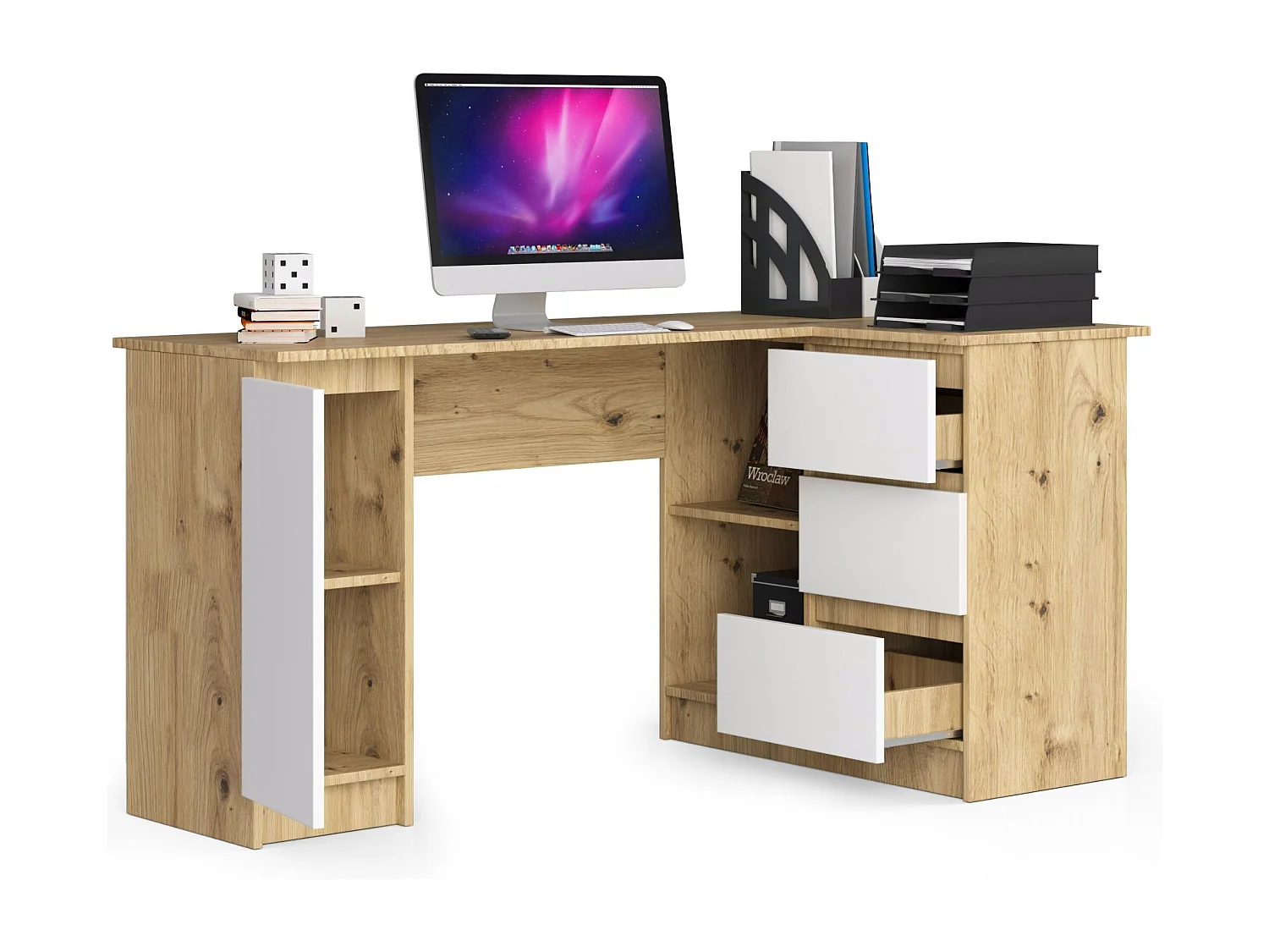 Grand bureau d'angle AKORD droit B20 Chêne Artisan 155 cm 1 porte 3 tiroirs façade Blanche 4 étagères 155x85x77 cm