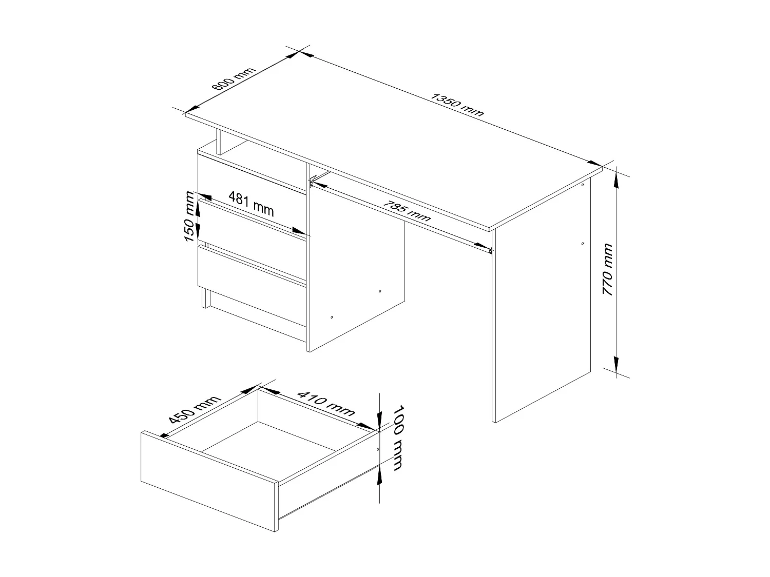 PC-Schreibtisch AKORD CLP in der Farbe Erle mit 3 Schubladen und 2 Ablagen B135 x H77 x T60 cm