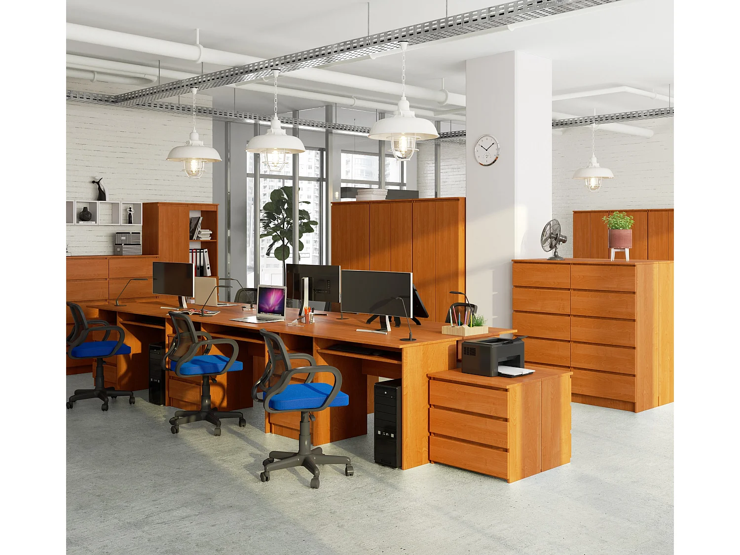 PC-Schreibtisch AKORD CLP in der Farbe Erle mit 3 Schubladen und 2 Ablagen B135 x H77 x T60 cm