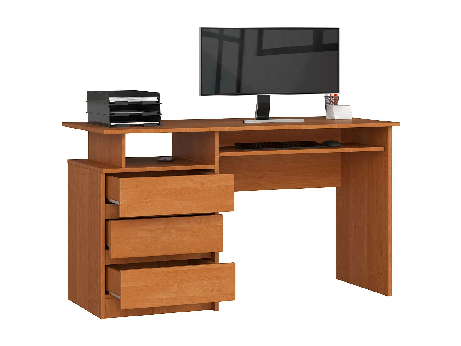Bureau Olijfhout 135cm - Stijlvol en Functioneel, 3 Lades, 2 Planken, ABS-randen, Matte Afwerking, Eenvoudige Montage