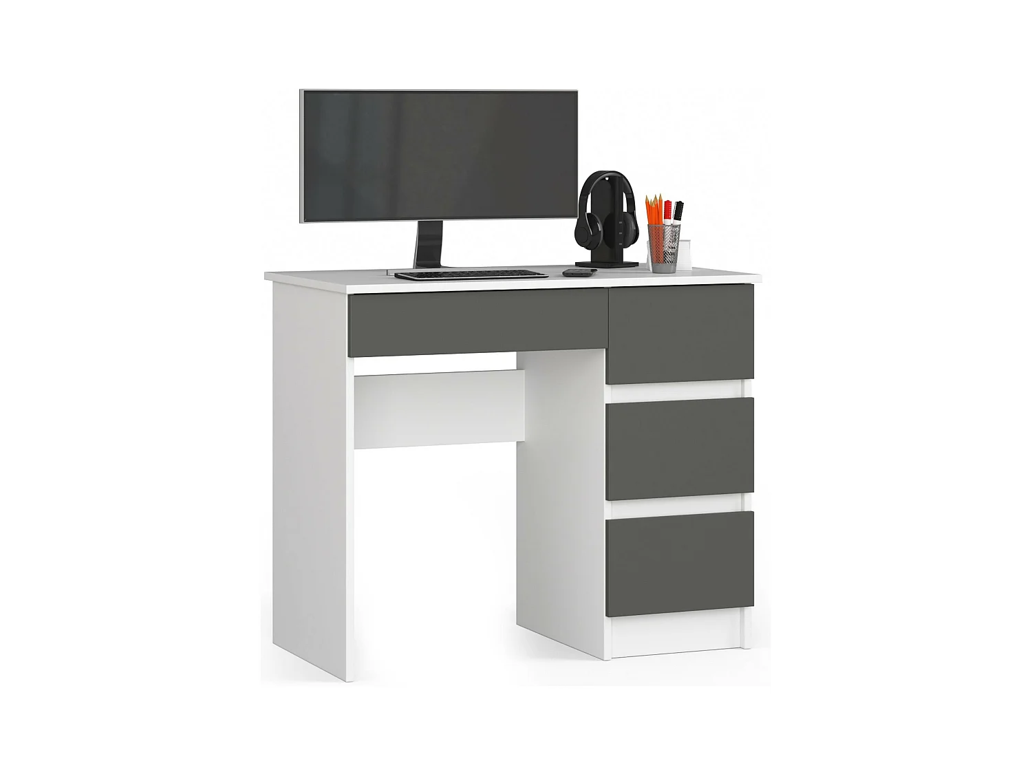Bureau d'ordinateur AKORD droit A7 Blanc 90 cm 4 tiroirs façade Gris Graphite 90x50x77 cm