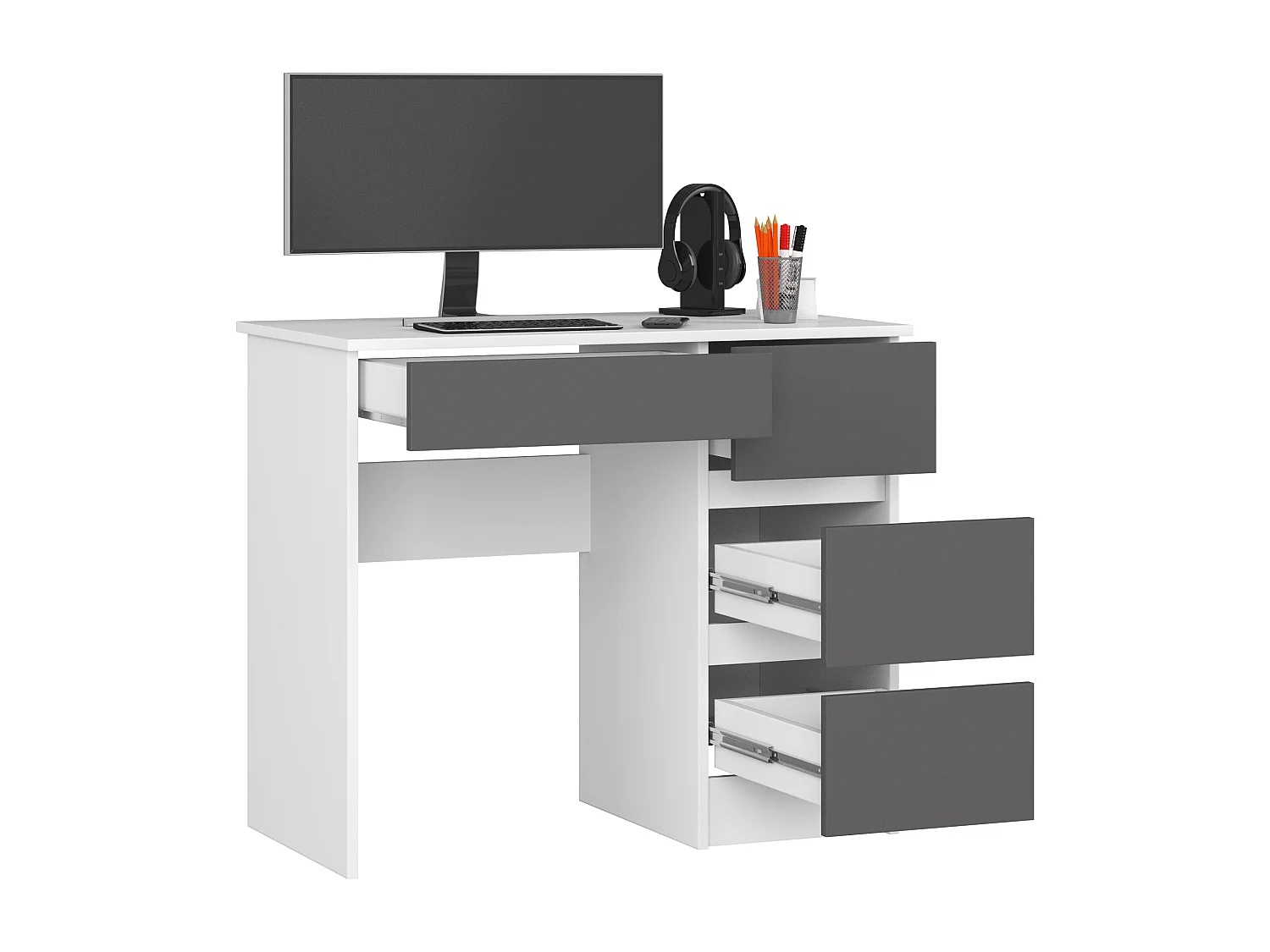 Bureau d'ordinateur AKORD droit A7 Blanc 90 cm 4 tiroirs façade Gris Graphite 90x50x77 cm