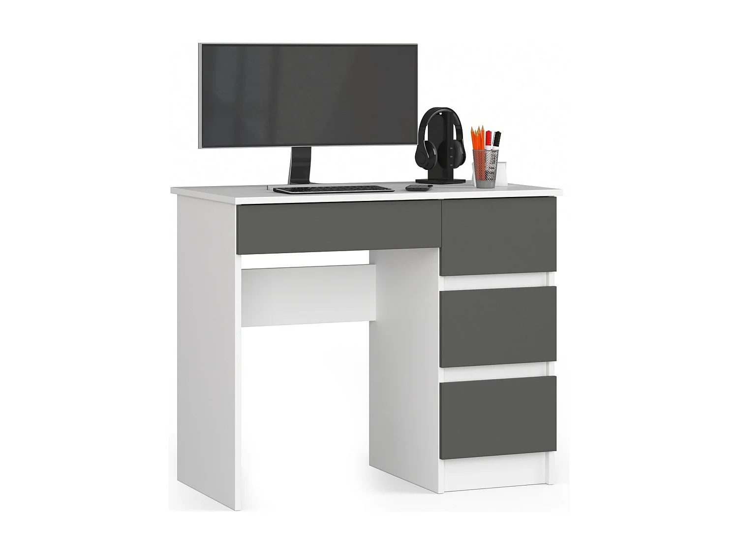 Bureau d'ordinateur AKORD droit A7 Blanc 90 cm 4 tiroirs façade Gris Graphite 90x50x77 cm
