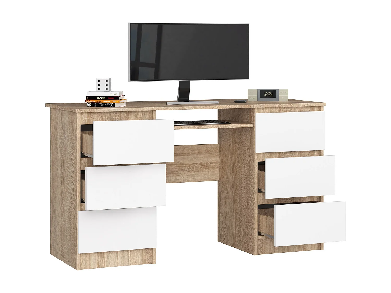Biurko komputerowe AKORD A11 Dąb Sonoma 135 cm 6 szuflad kolor Biały mat 135x50x77 cm