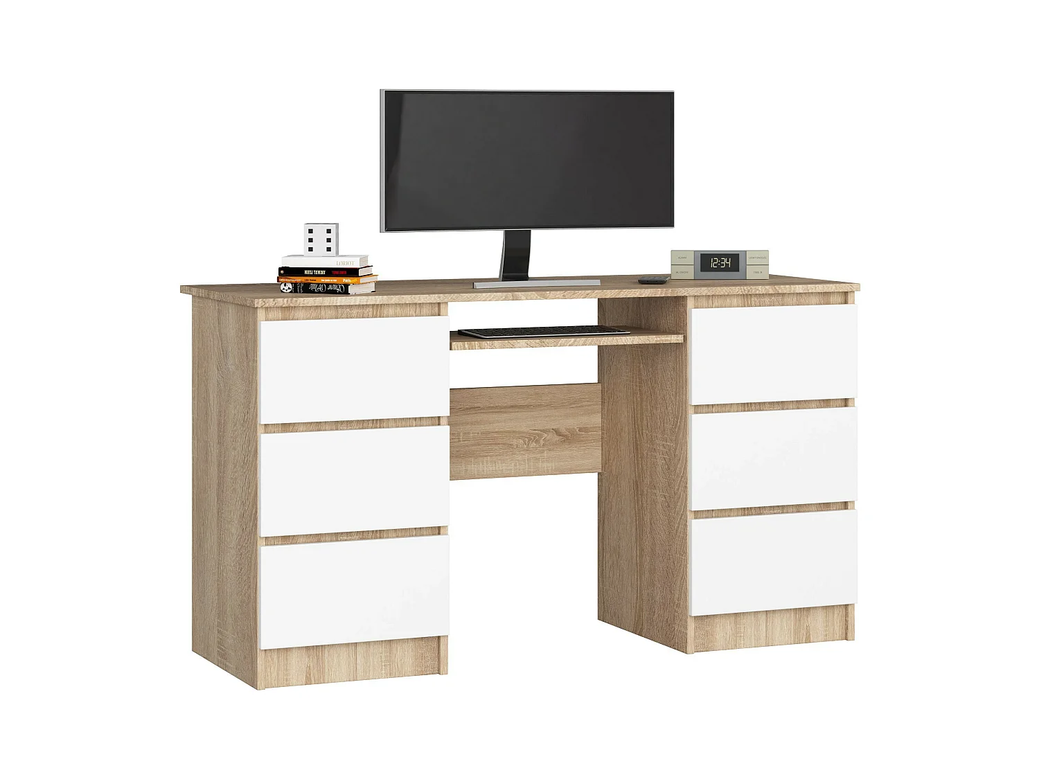 Bureau d'ordinateur AKORD A11 Chêne Sonoma 135 cm 6 tiroirs façade Blanche 135x50x77 cm
