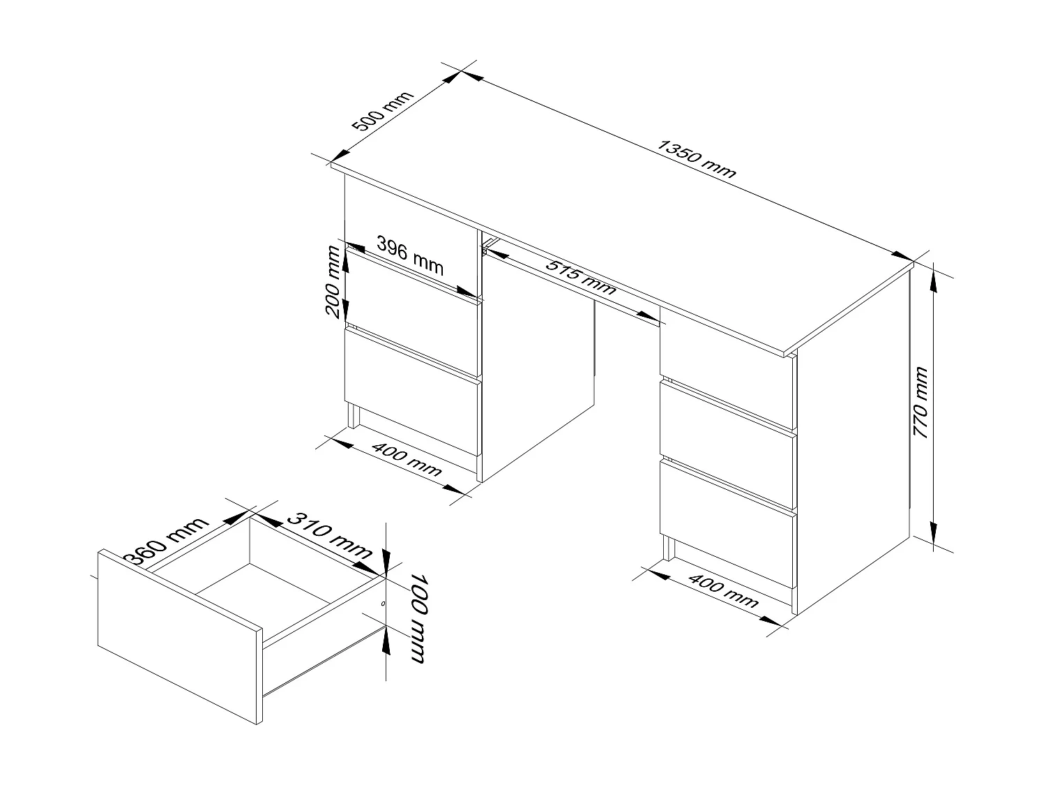 Bureau d'ordinateur AKORD A11 Chêne Sonoma 135 cm 6 tiroirs façade Blanche 135x50x77 cm