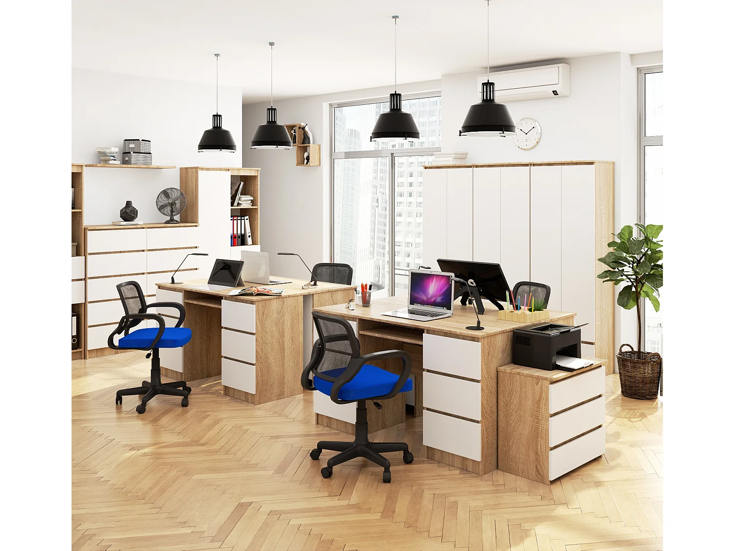 Bureau d'ordinateur AKORD A11 Chêne Sonoma 135 cm 6 tiroirs façade Blanche 135x50x77 cm