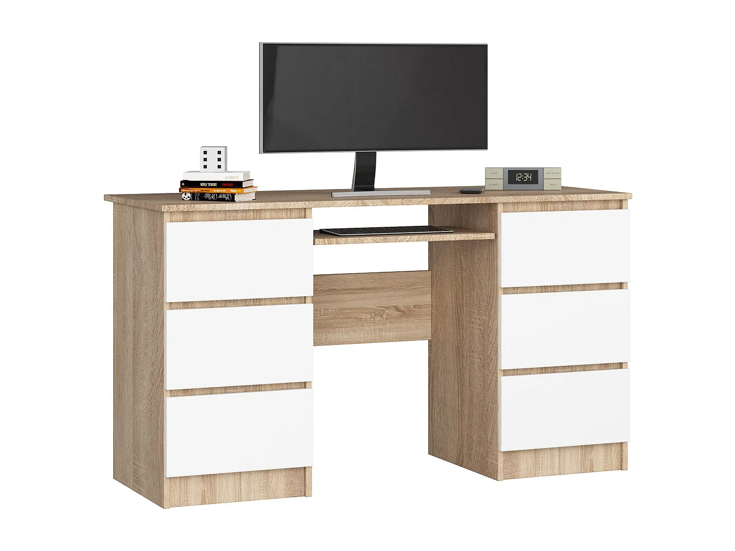 Scrivania per computer AKORD A11 Sonoma Quercia 135 cm 6 cassetti inserto frontale Bianco 135x50x77 cm