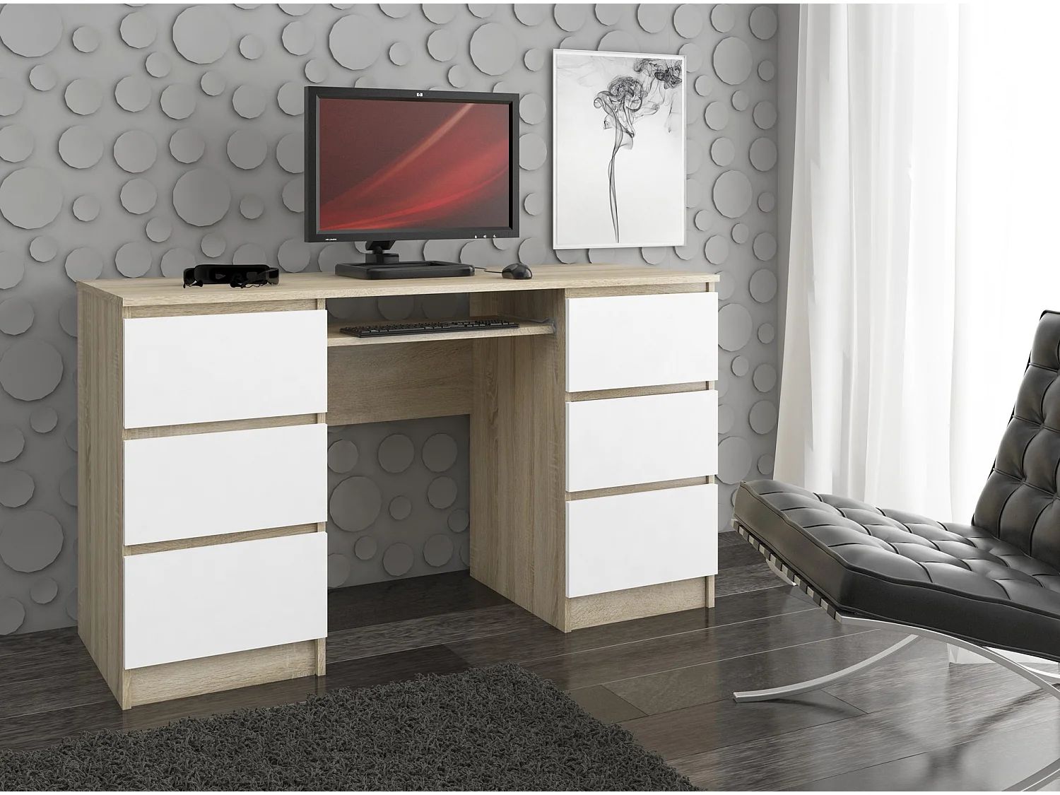 Scrivania per computer AKORD A11 Sonoma Quercia 135 cm 6 cassetti inserto frontale Bianco 135x50x77 cm
