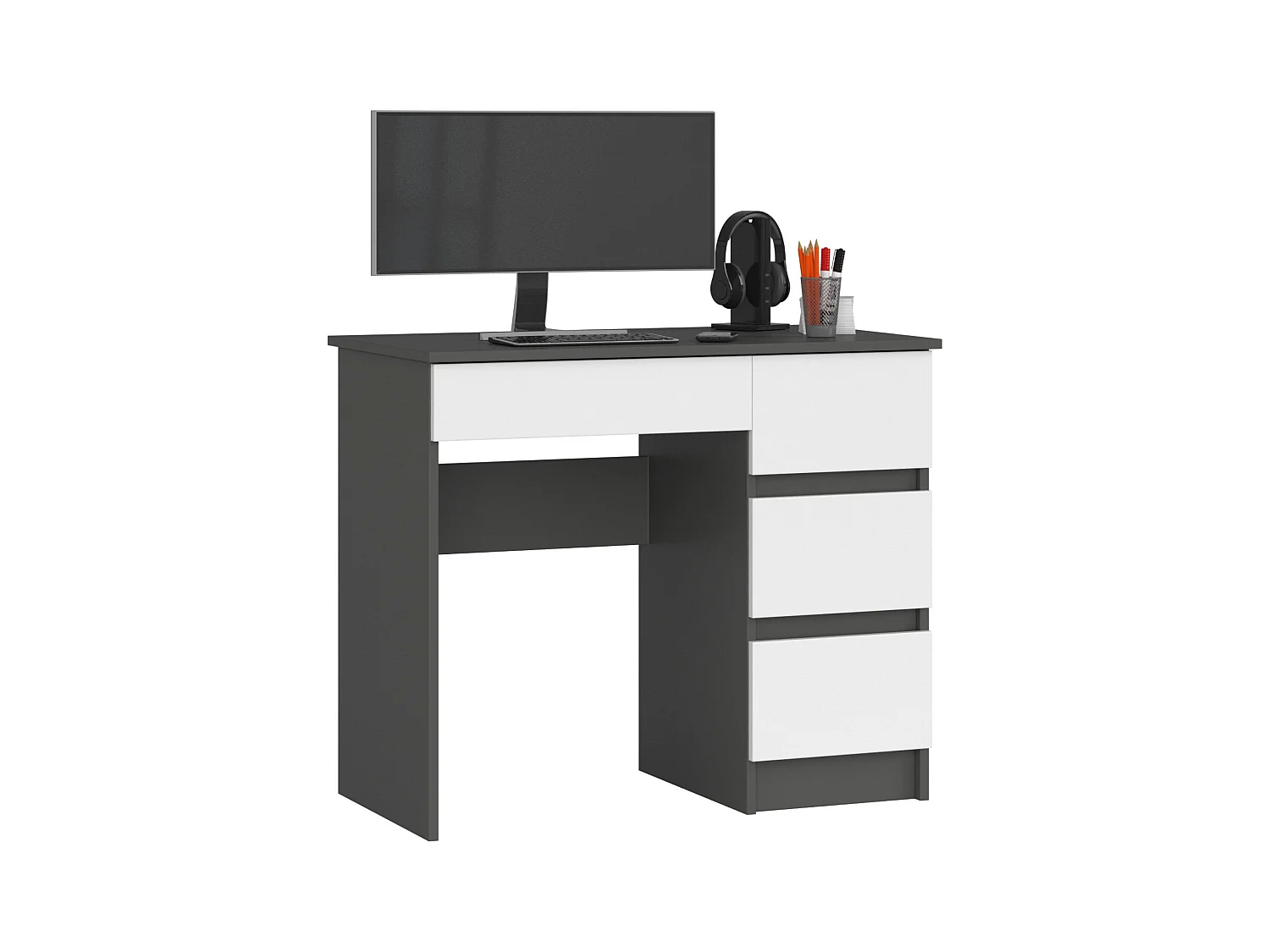 Bureau d'ordinateur AKORD droit A7 Gris Graphite 90 cm 4 tiroirs façade Blanche 90x50x77 cm