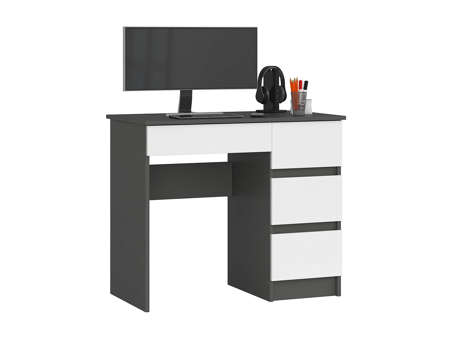 Rechtshandig Bureau A-7 - Grijs/Wit - 90x77x50 cm - 4 Lades - ABS Randen