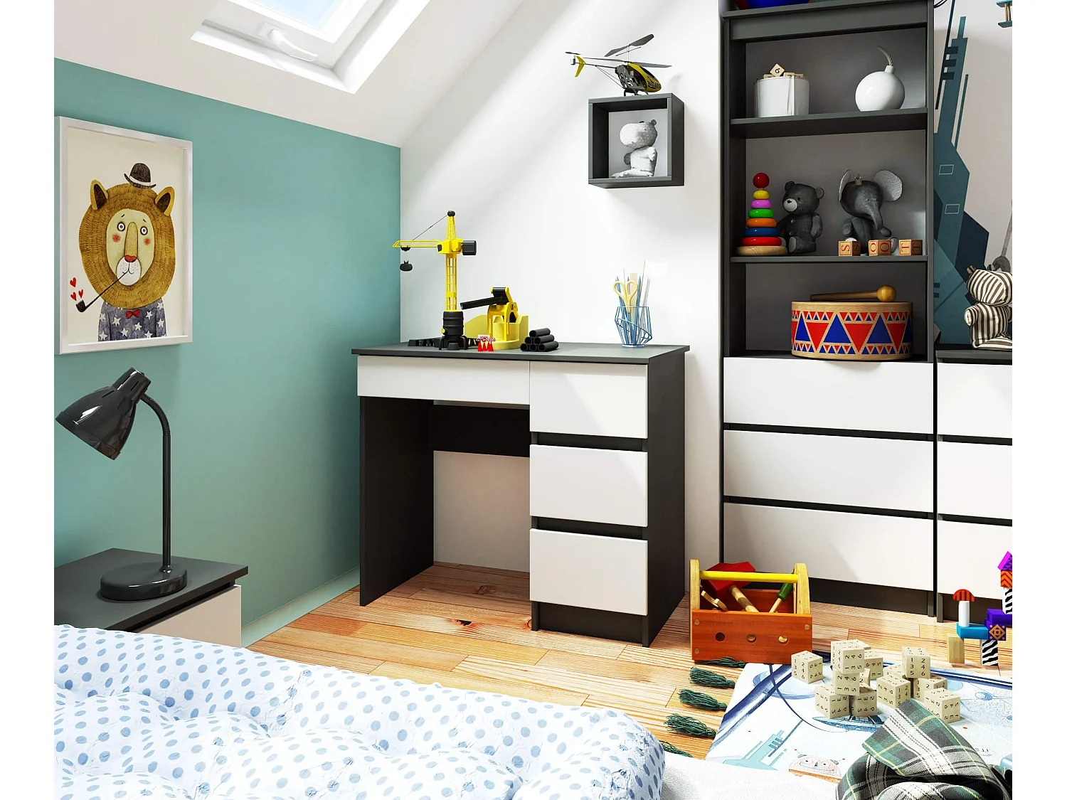 Rechtshandig Bureau A-7 - Grijs/Wit - 90x77x50 cm - 4 Lades - ABS Randen