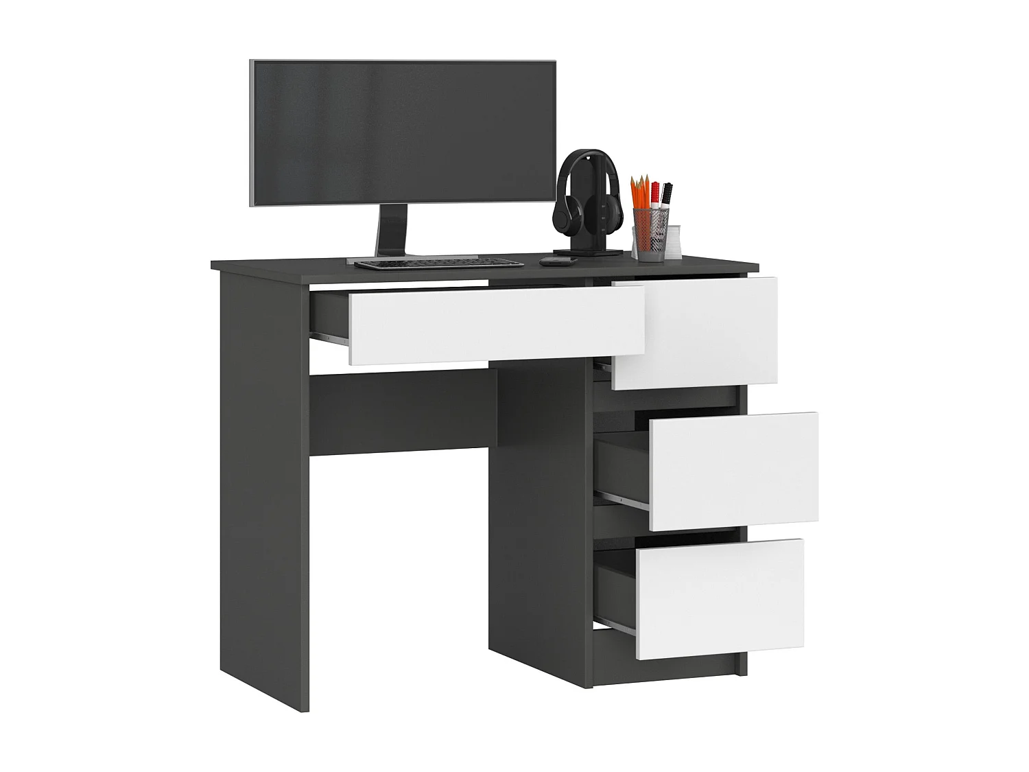 Bureau d'ordinateur AKORD droit A7 Gris Graphite 90 cm 4 tiroirs façade Blanche 90x50x77 cm