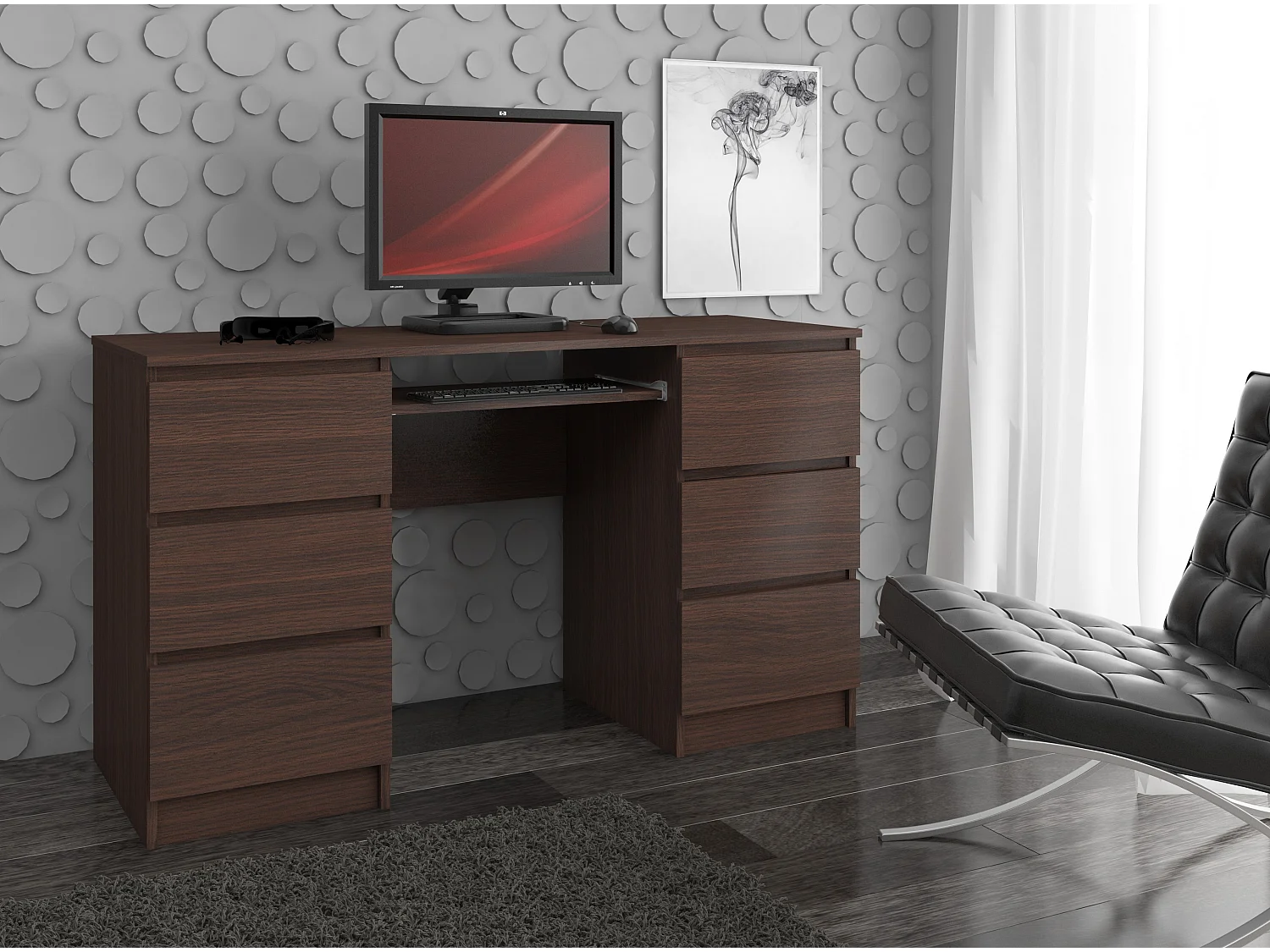 Bureau d'ordinateur AKORD A11 Wengé 135 cm 6 tiroirs façade Wengé 135x50x77 cm