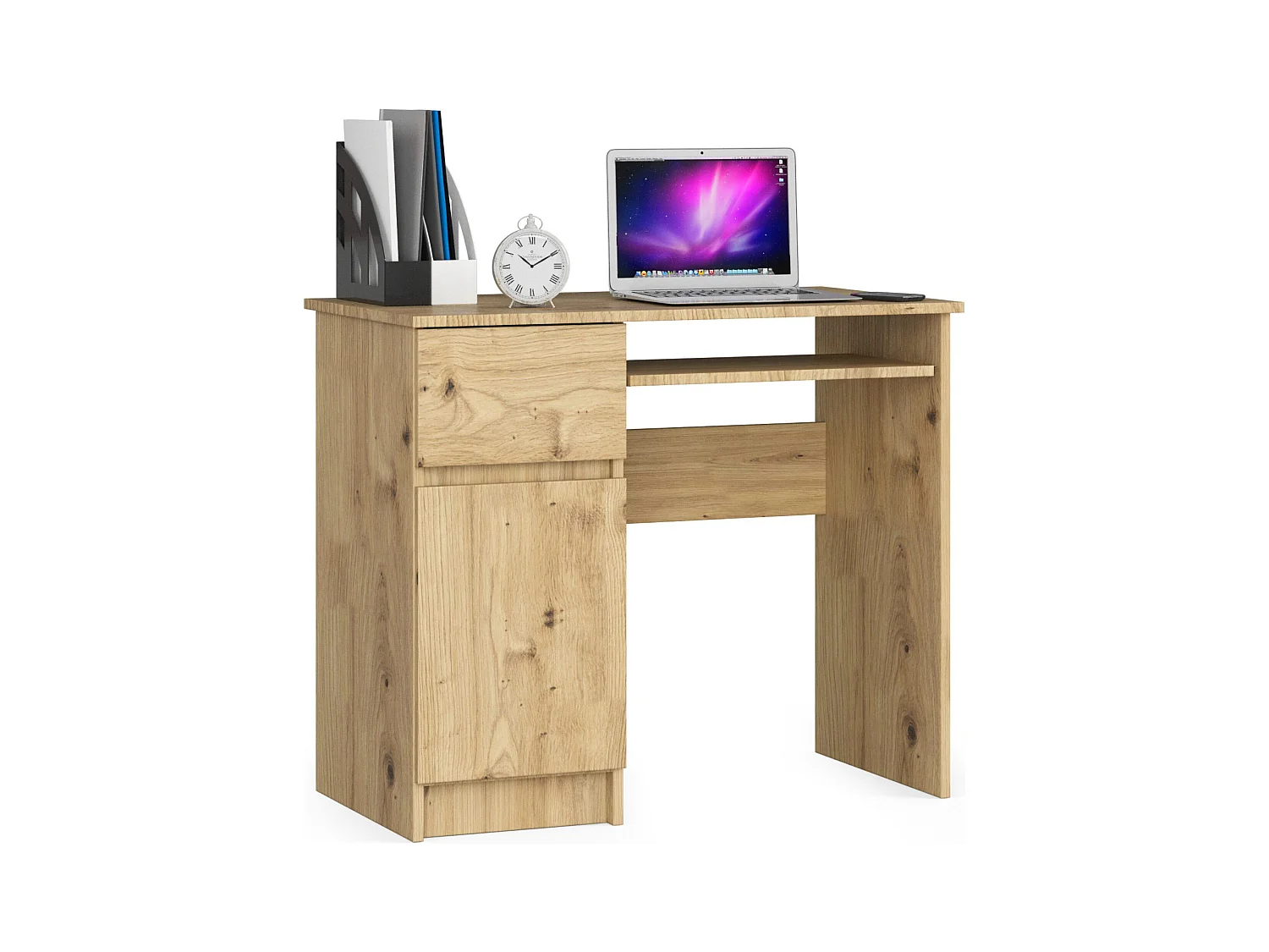 Bureau d'ordinateur AKORD gauche PIKSEL Chêne Artisan 90 cm 1 porte 1 tiroir façade Chêne Artisan 3 étagères 90x50x77 cm