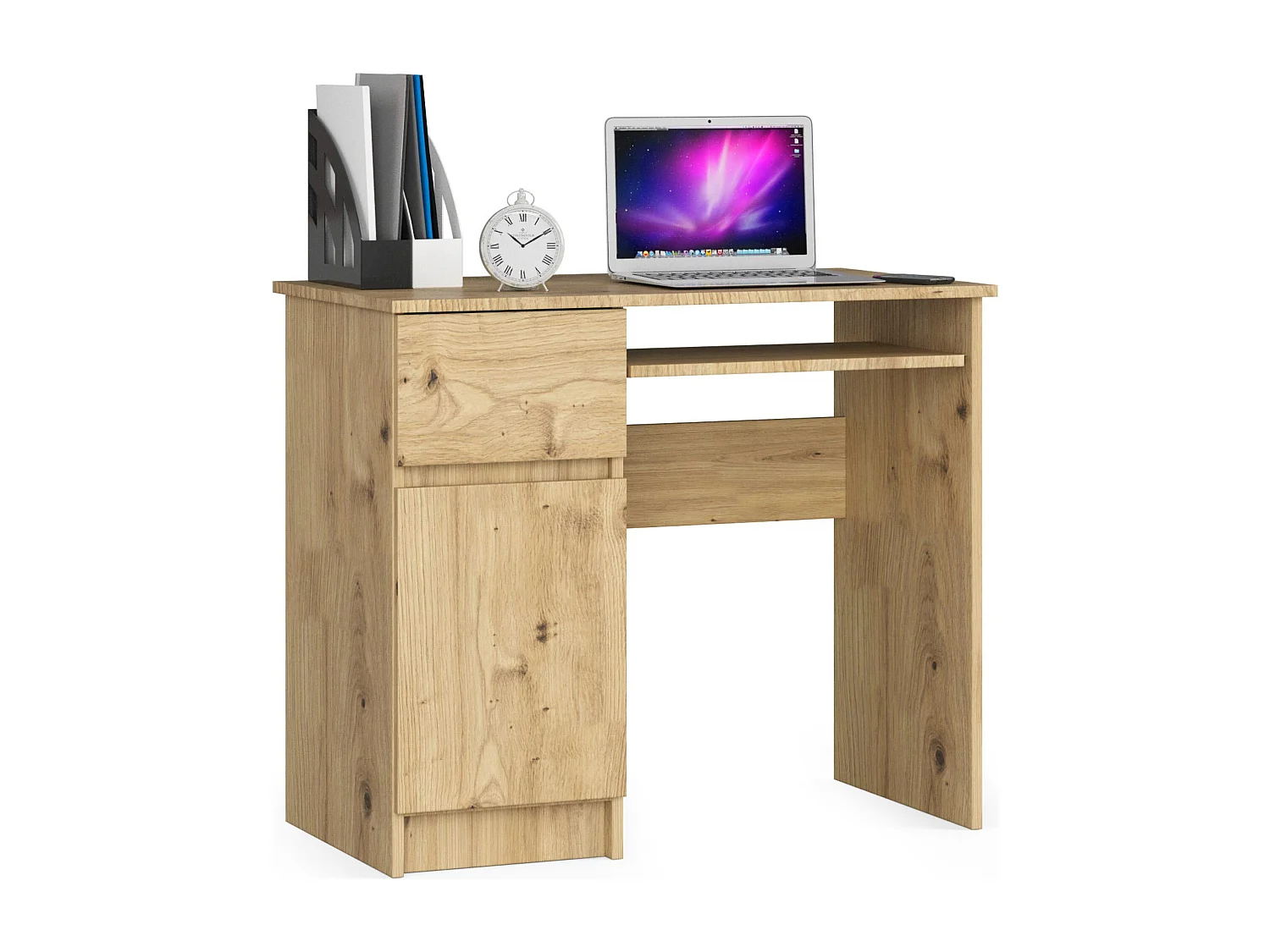 Bureau d'ordinateur AKORD gauche PIKSEL Chêne Artisan 90 cm 1 porte 1 tiroir façade Chêne Artisan 3 étagères 90x50x77 cm