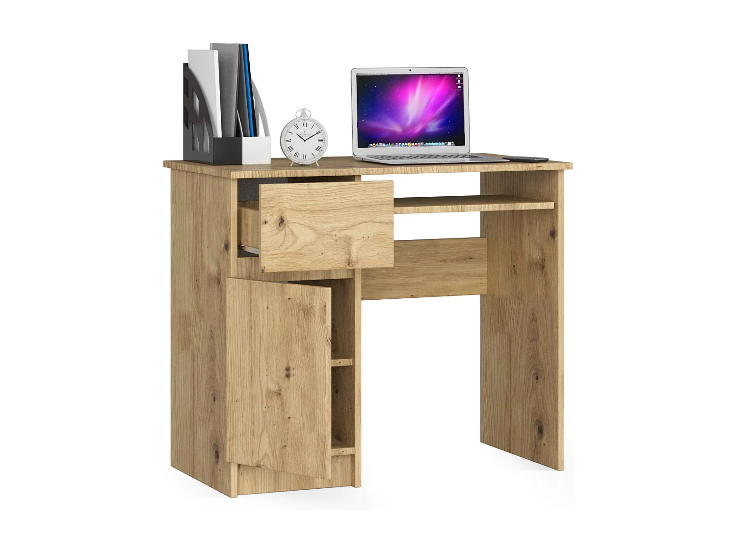 Bureau d'ordinateur AKORD gauche PIKSEL Chêne Artisan 90 cm 1 porte 1 tiroir façade Chêne Artisan 3 étagères 90x50x77 cm