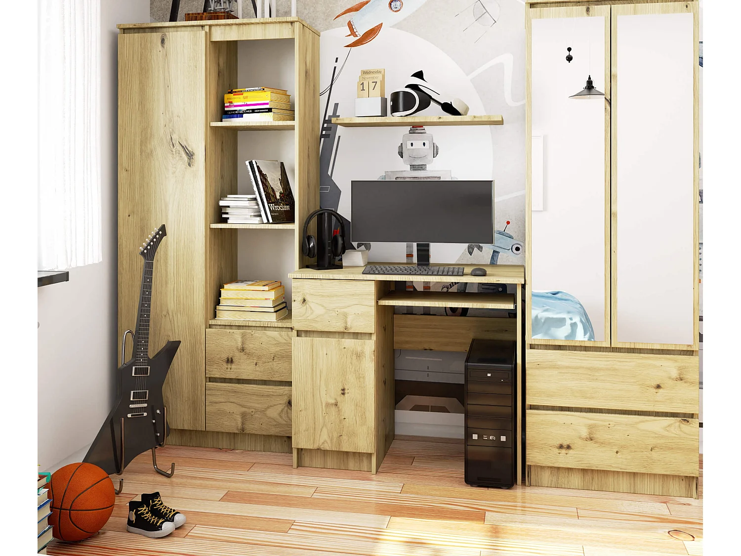 Bureau d'ordinateur AKORD gauche PIKSEL Chêne Artisan 90 cm 1 porte 1 tiroir façade Chêne Artisan 3 étagères 90x50x77 cm