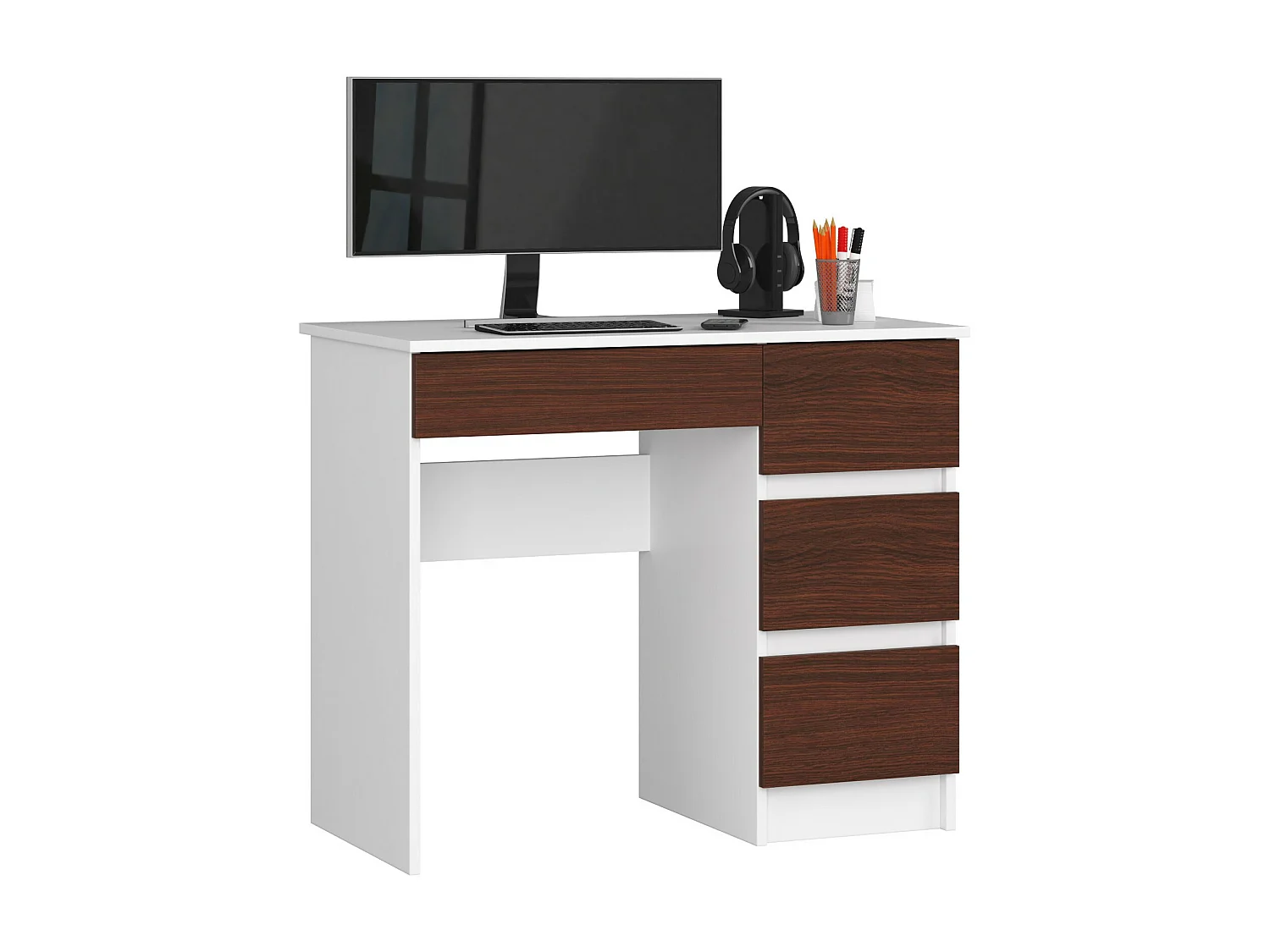 Bureau d'ordinateur AKORD droit A7 Blanc 90 cm 4 tiroirs façade Wengé 90x50x77 cm