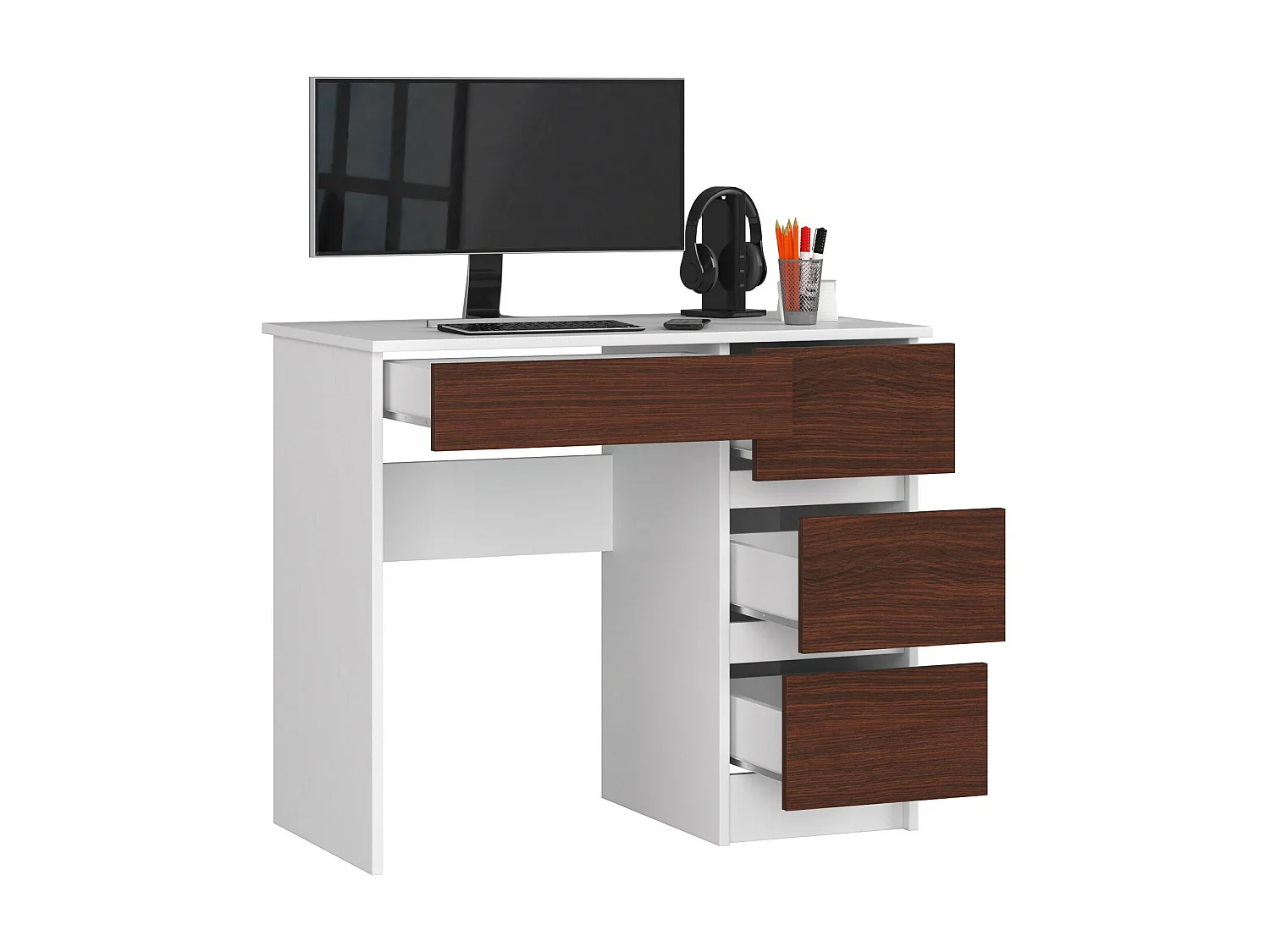 Bureau d'ordinateur AKORD droit A7 Blanc 90 cm 4 tiroirs façade Wengé 90x50x77 cm
