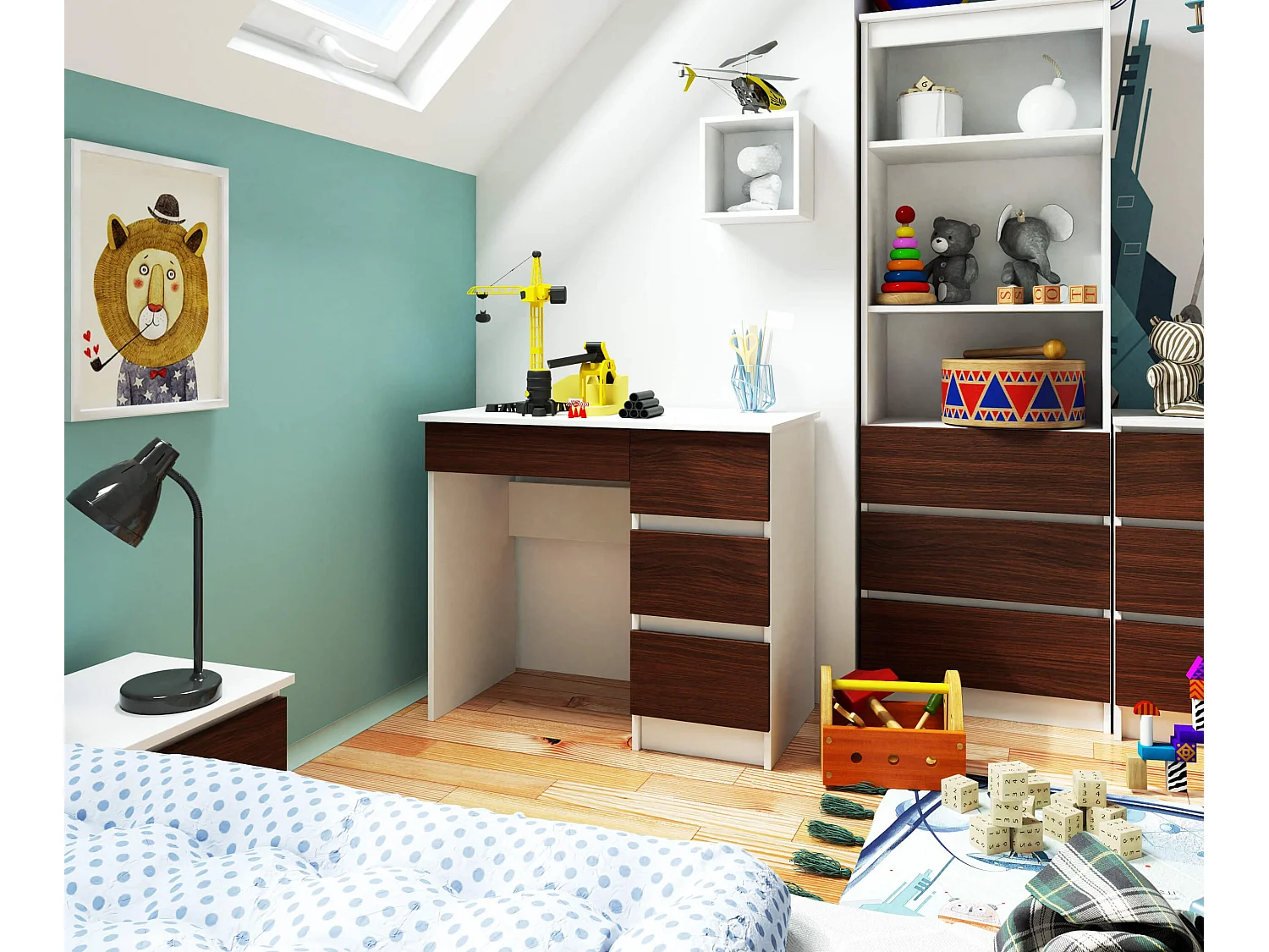 Bureau d'ordinateur AKORD droit A7 Blanc 90 cm 4 tiroirs façade Wengé 90x50x77 cm