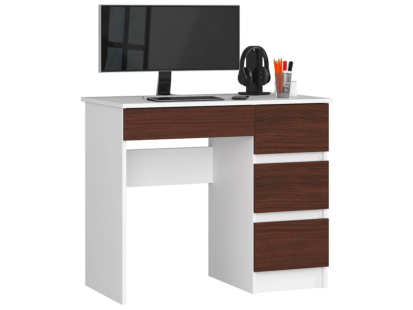 Bureau d'ordinateur AKORD droit A7 Blanc 90 cm 4 tiroirs façade Wengé 90x50x77 cm