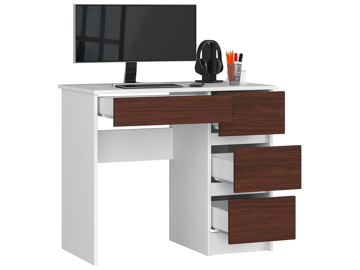 Bureau d'ordinateur AKORD droit A7 Blanc 90 cm 4 tiroirs façade Wengé 90x50x77 cm