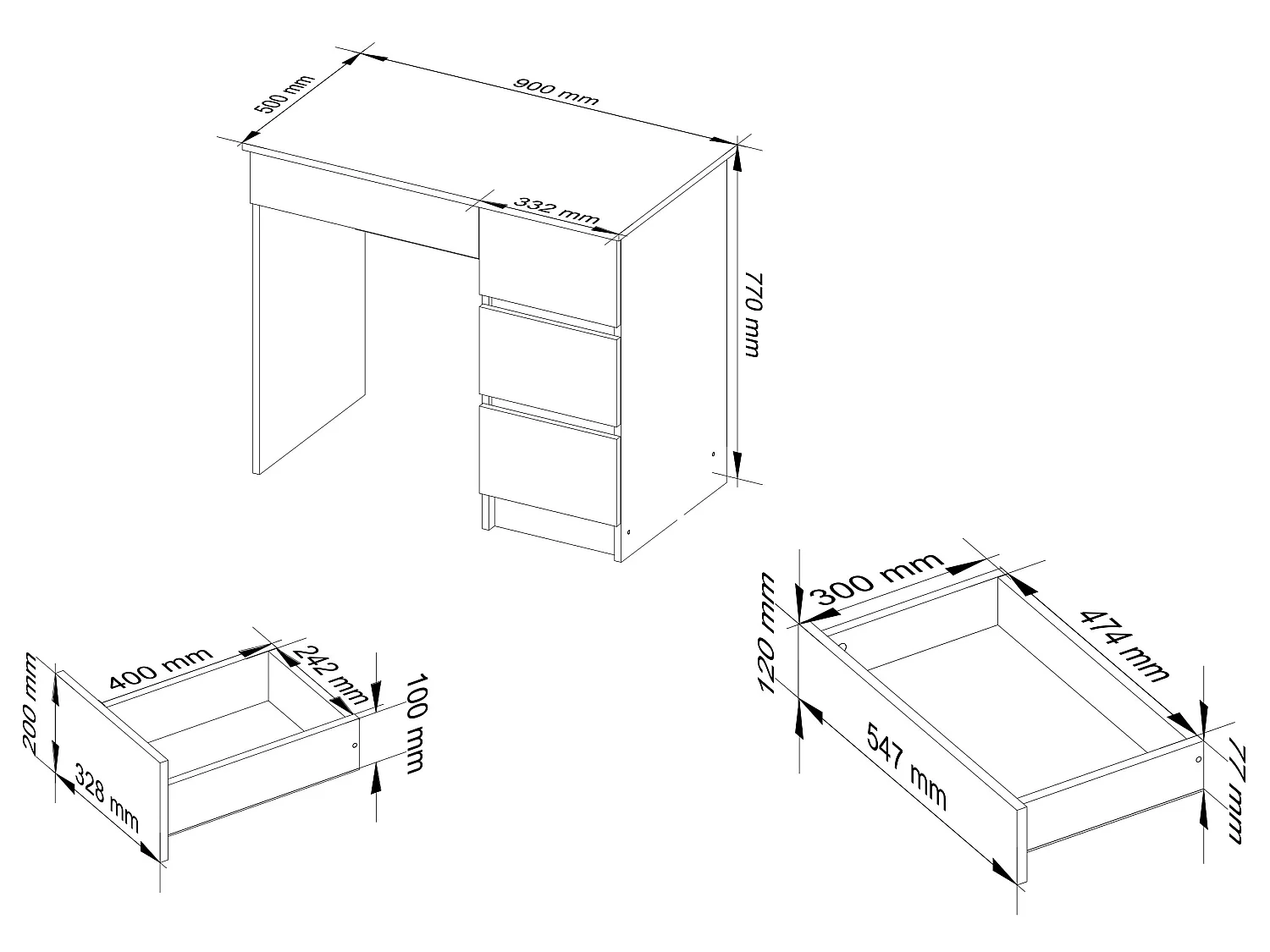 Bureau d'ordinateur AKORD droit A7 Blanc 90 cm 4 tiroirs façade Wengé 90x50x77 cm
