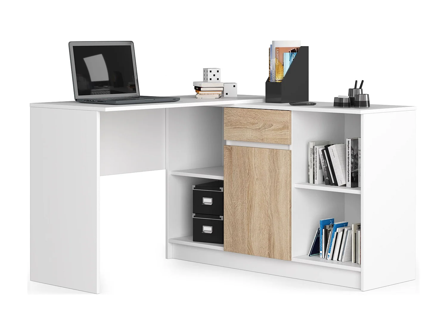 Scrivania angolare AKORD B17 Bianco 120 cm 1 anta 1 cassetto inserto frontale Sonoma Quercia 120x126x79 cm