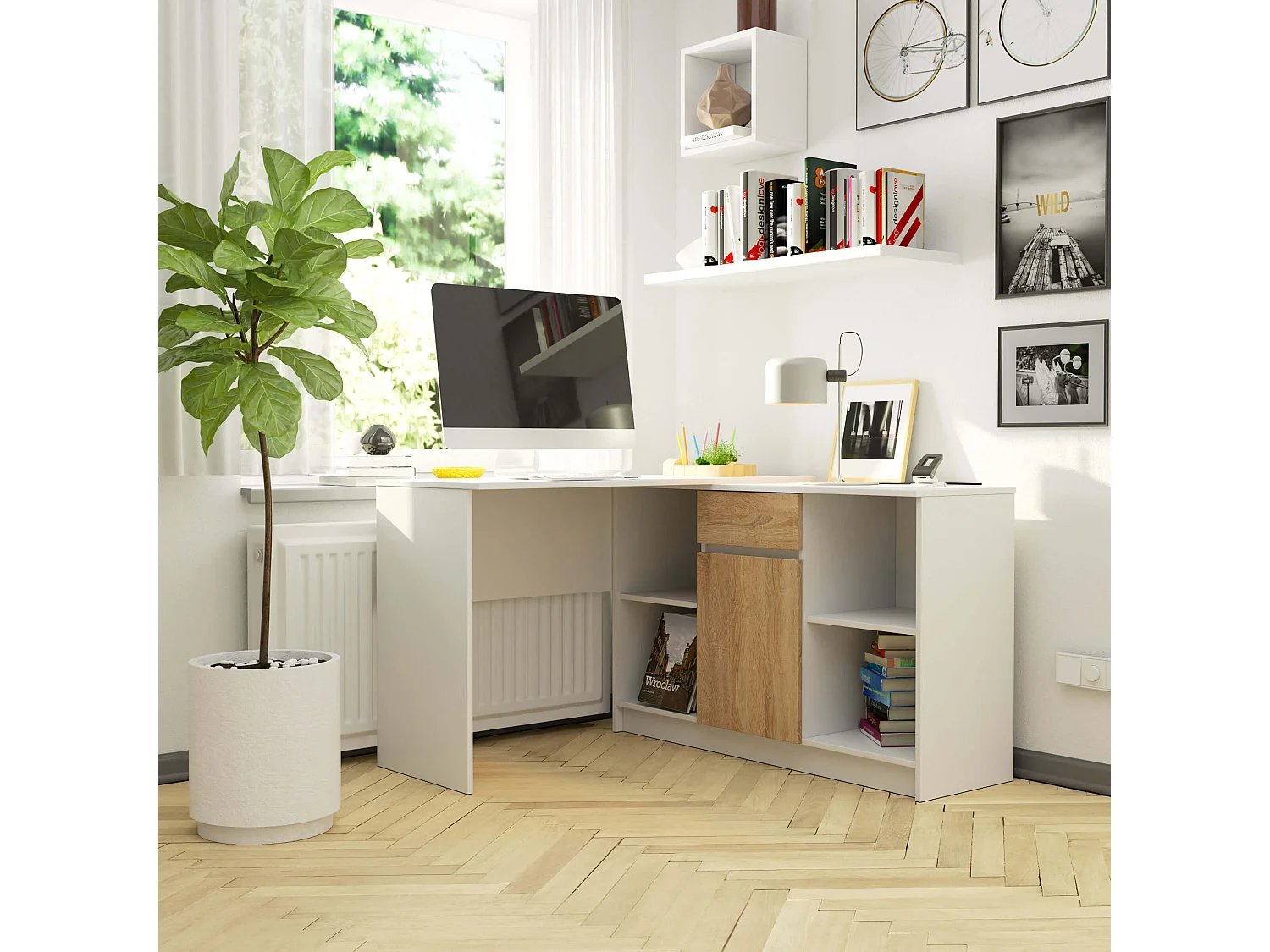 Scrivania angolare AKORD B17 Bianco 120 cm 1 anta 1 cassetto inserto frontale Sonoma Quercia 120x126x79 cm