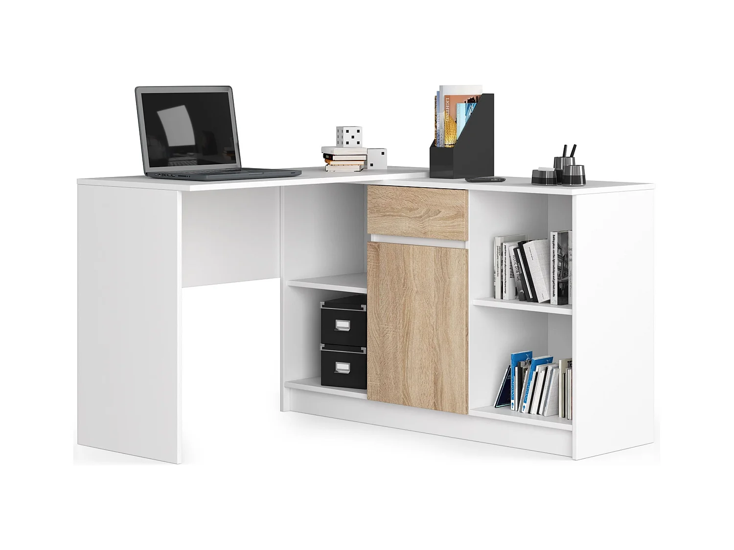 Ensemble d'angle AKORD bureau B17 avec commode Blanc 120 cm 1 porte 1 tiroir façade Chêne Sonoma 6 étagères 120x126x79 cm