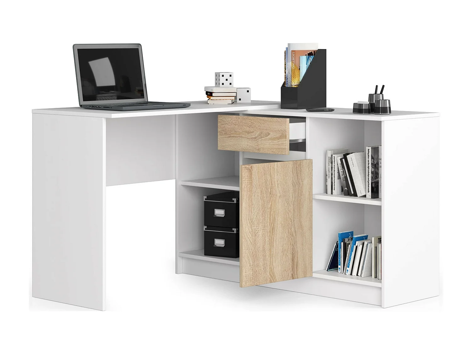 Set B-17 Wit & Eiken Sonoma: Hoekbureau & Kast - Zelfmontage