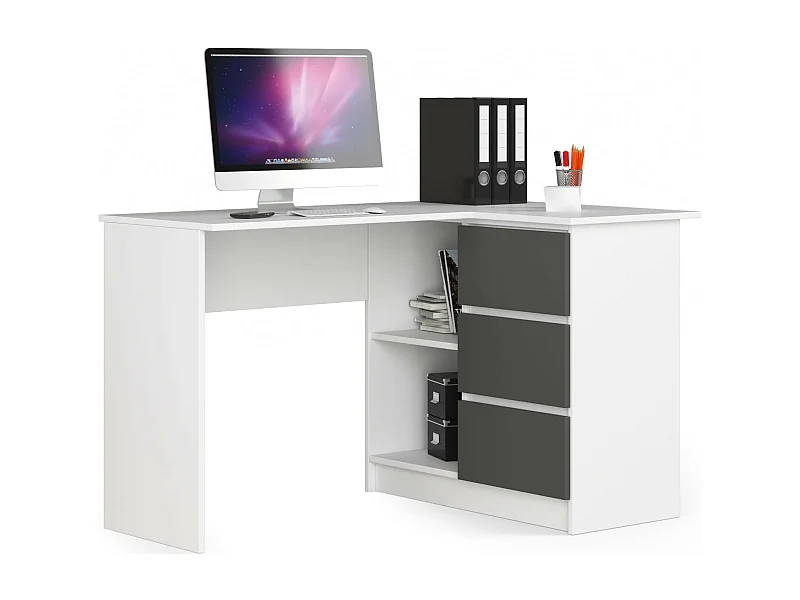 Bureau AKORD d'angle droit B16 Blanc 124 cm 3 tiroirs façade Gris Graphite 2 étagères 124x85x77 cm